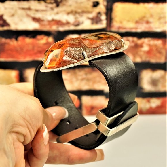 SUPER HUGE AMBER STERLING LEATHER RARE UNISEX BRACELET 9 BY AMBERMODA - Picture 9 of 16